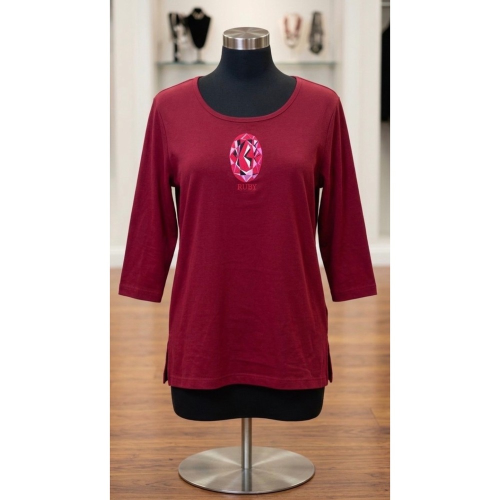 Bob Mackie Wearable Art Ruby Red Cotton Embroidered Gemstone Top 2X NWT